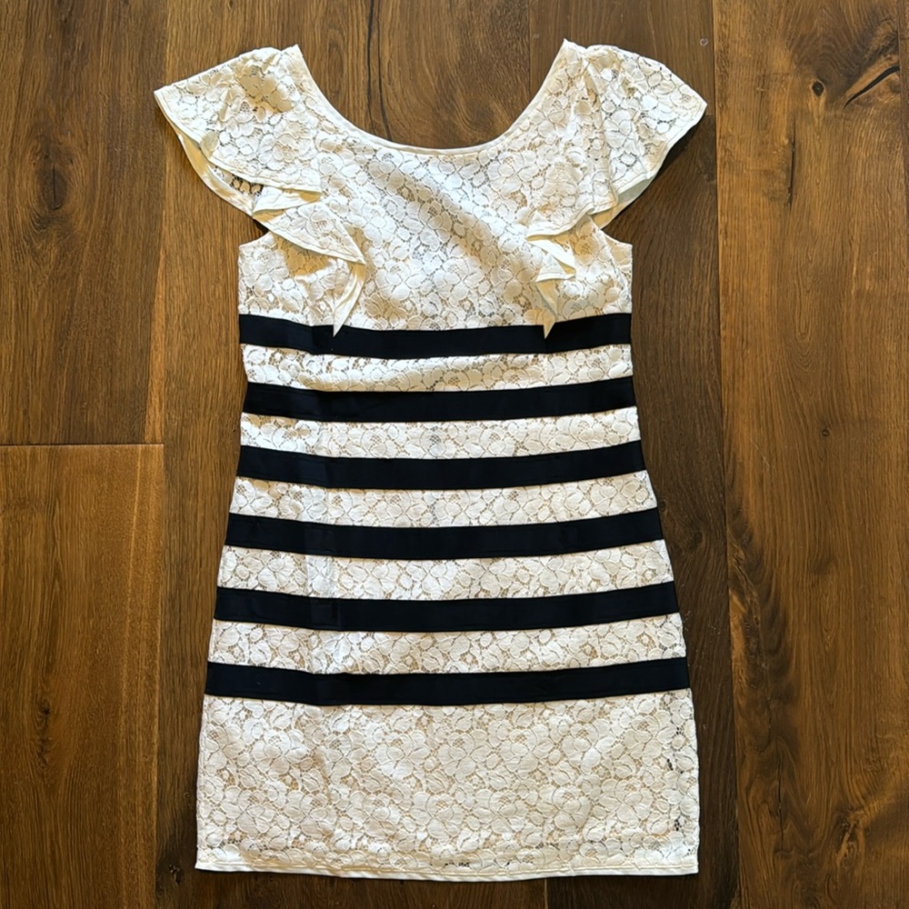 BCBG cream lace with navy stripe detail dress, size 6